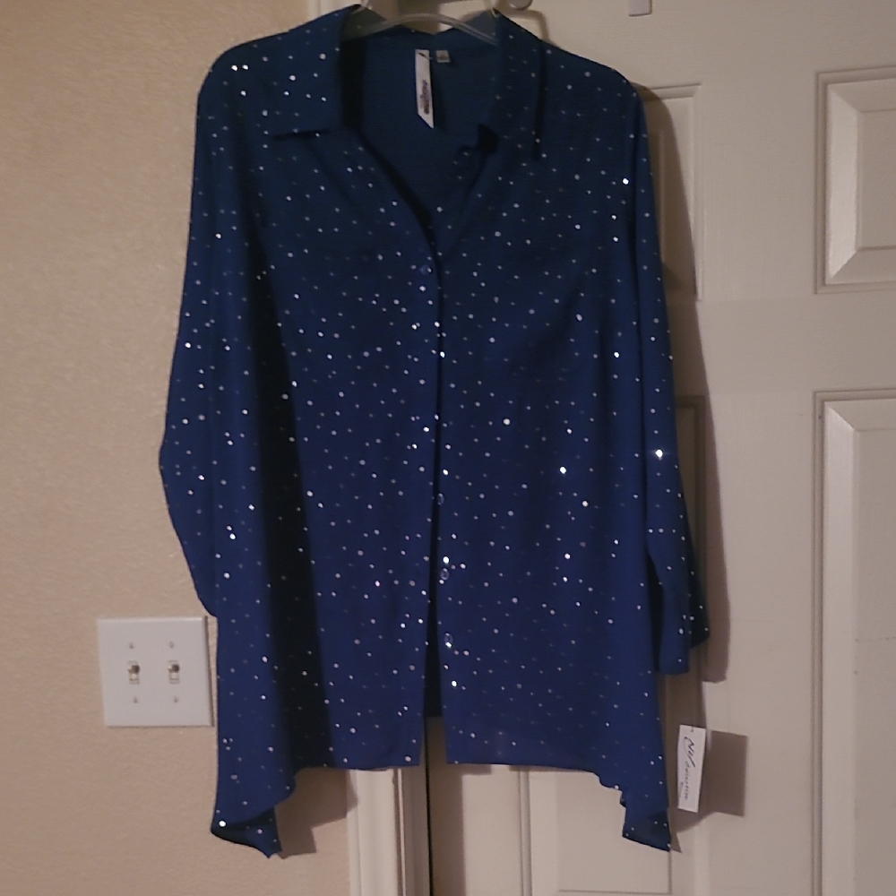 Blue Sequin Button-Up Shirt